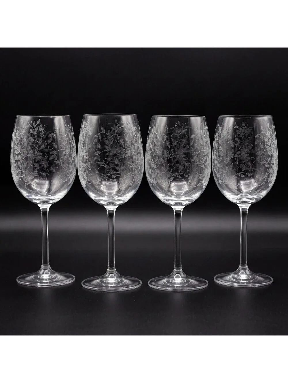 Vintage Etched Crystal Water Goblets Set of 4 Floral Vine Smooth Stem Glasses